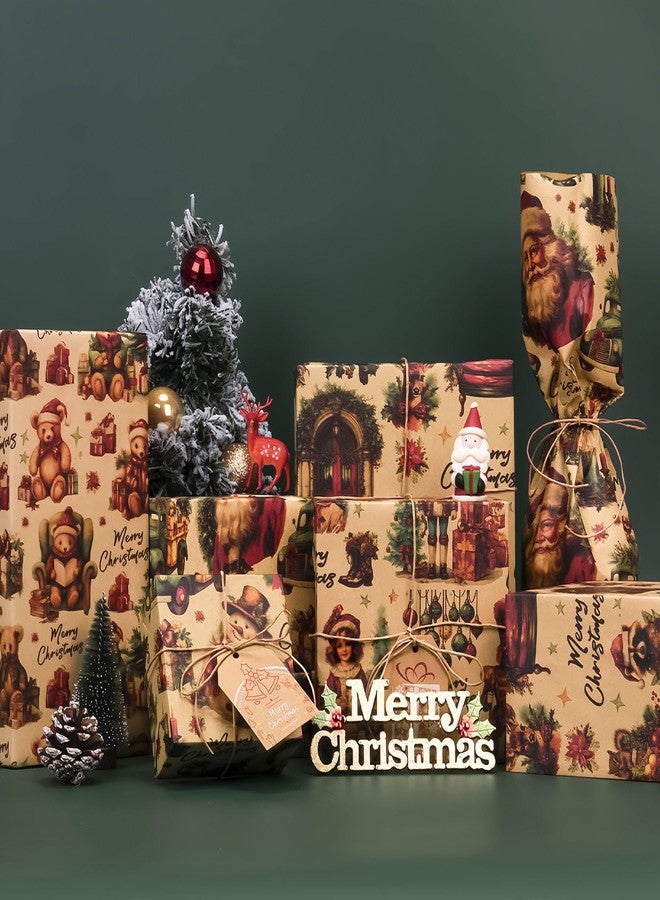Rancco Vintage Christmas Wrapping Paper, kraft Wrapping Paper for Holiday New Year, Xmas Wrap Paper with Nutcracker, Santa Claus, Bear, Truck, Country Scene Designs - 4PC, 19.69''X27.56'' - Image 3